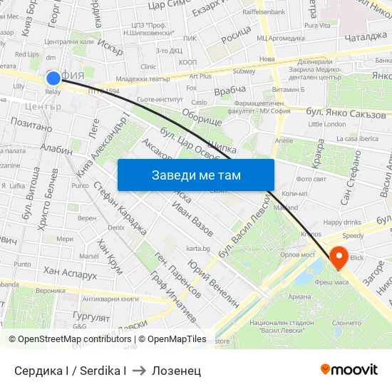 Сердика I / Serdika I to Лозенец map