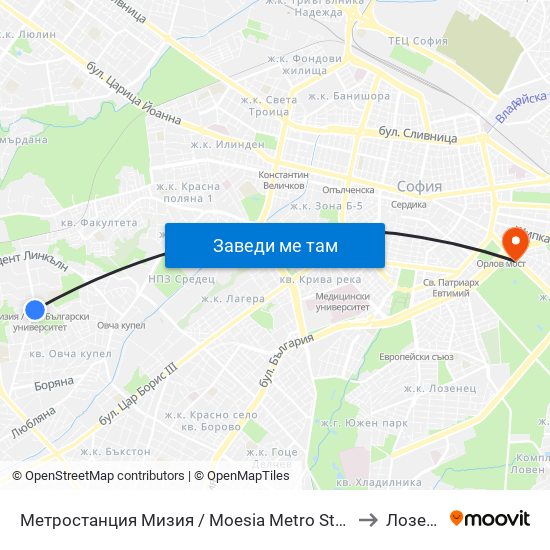 Метростанция Мизия / Moesia Metro Station (6089) to Лозенец map