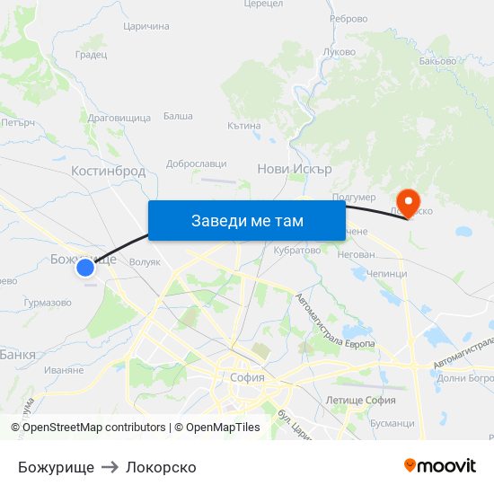 Божурище to Локорско map