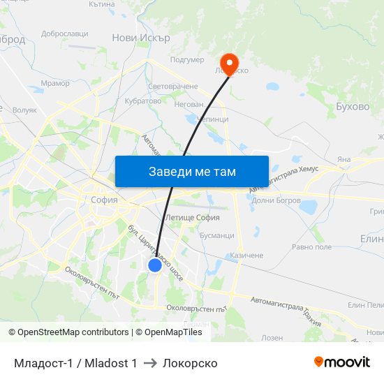 Младост-1 / Mladost 1 to Локорско map