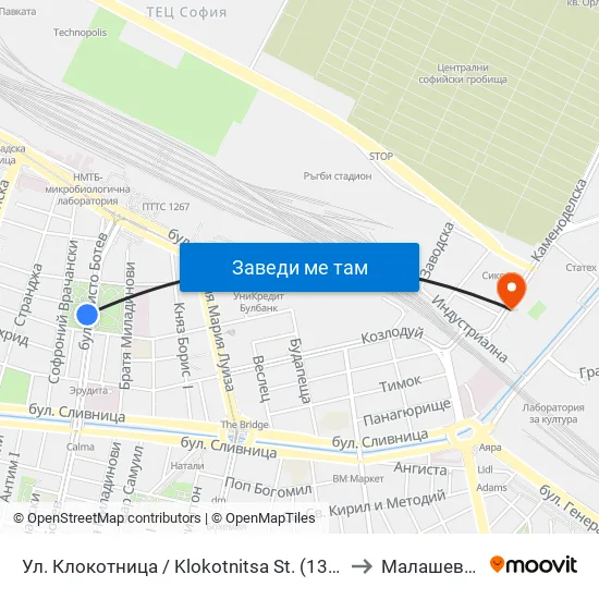 Ул. Клокотница / Klokotnitsa St. (1326) to Малашевци map