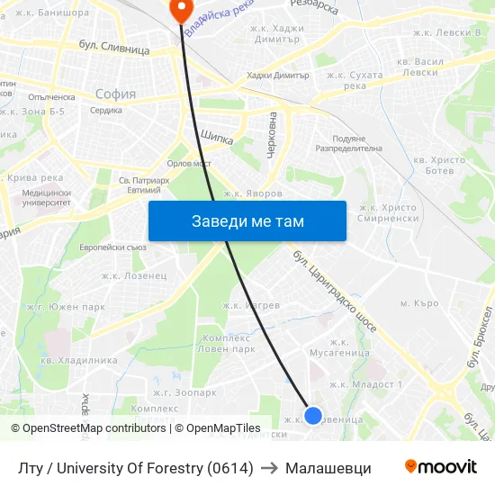 Лту / University Of Forestry (0614) to Малашевци map