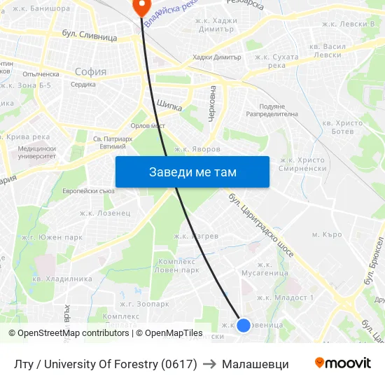 Лту / University Of Forestry (0617) to Малашевци map