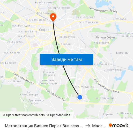 Метростанция Бизнес Парк / Business Park Metro Station (2490) to Малашевци map