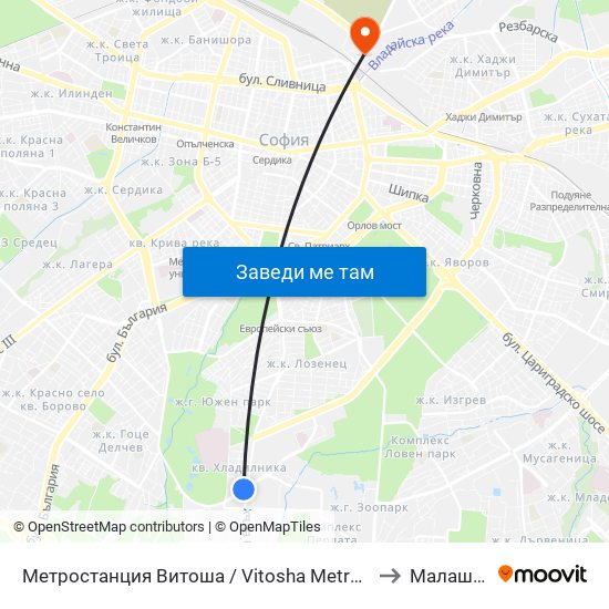 Метростанция Витоша / Vitosha Metro Station (2755) to Малашевци map