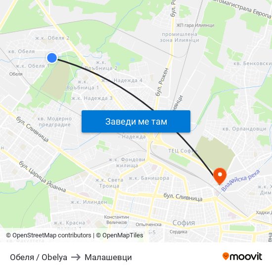 Обеля / Obelya to Малашевци map