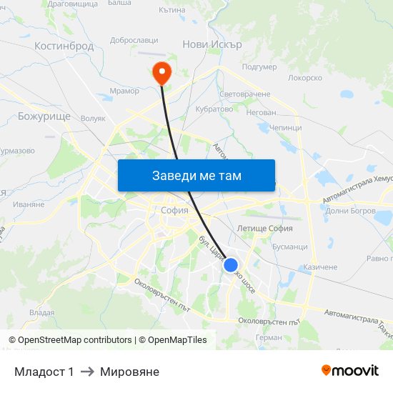 Младост 1 to Мировяне map