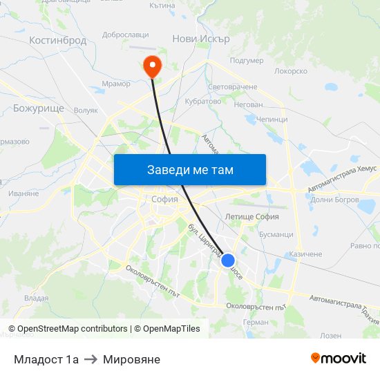 Младост 1а to Мировяне map