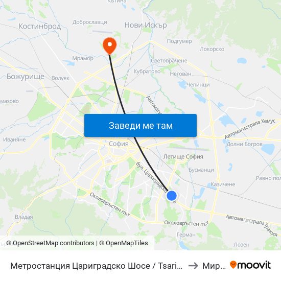 Метростанция Цариградско Шосе / Tsarigradsko Shosse Metro Station (1016) to Мировяне map