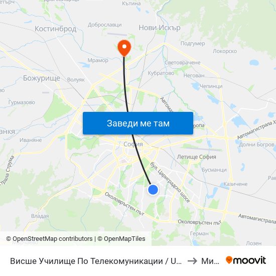 Висше Училище По Телекомуникации / University Of Telecommunications And Post (1396) to Мировяне map