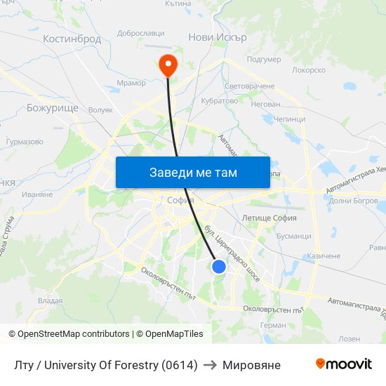 Лту / University Of Forestry (0614) to Мировяне map