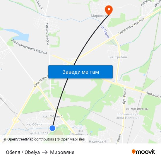 Обеля / Obelya to Мировяне map