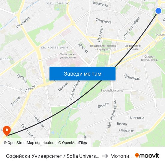 Софийски Университет / Sofia University (1699) to Мотописта map