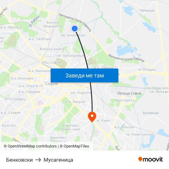 Бенковски to Мусагеница map