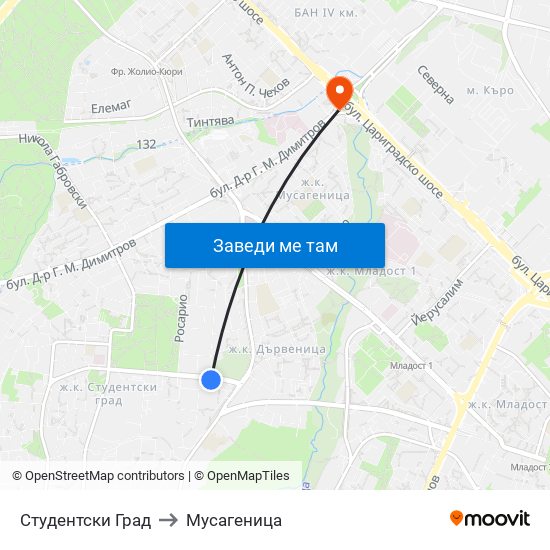 Студентски Град to Мусагеница map