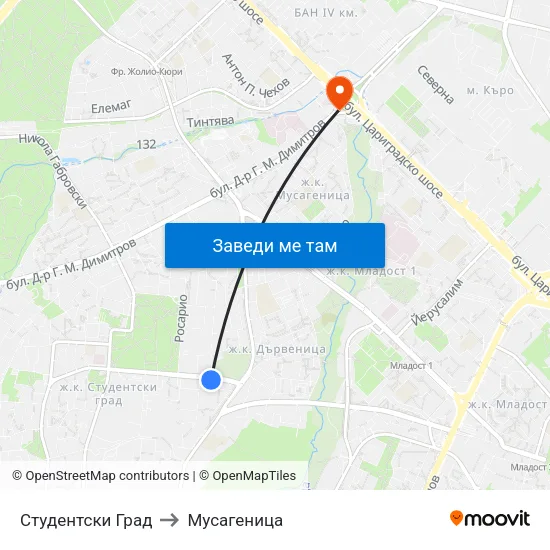 Студентски Град to Мусагеница map