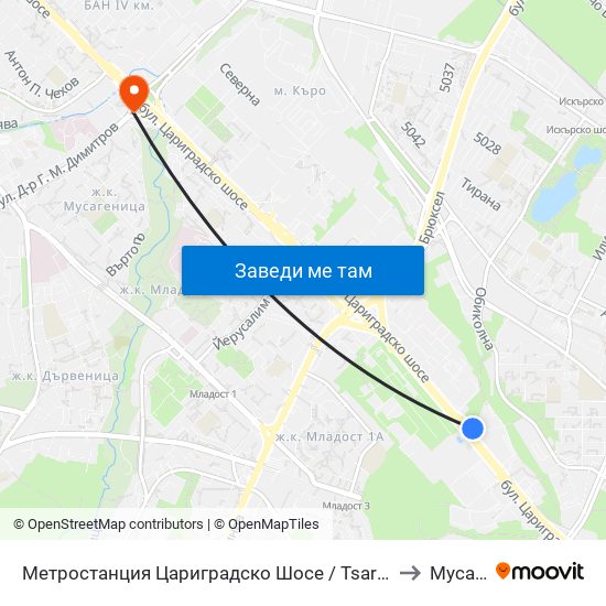 Метростанция Цариградско Шосе / Tsarigradsko Shosse Metro Station (1016) to Мусагеница map
