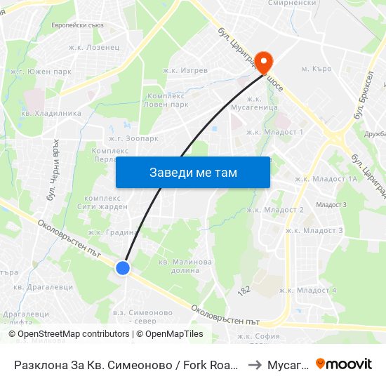 Разклона За Кв. Симеоново / Fork Road To Simeonovo Qr. (1458) to Мусагеница map