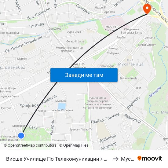 Висше Училище По Телекомуникации / University Of Telecommunications And Post (1396) to Мусагеница map