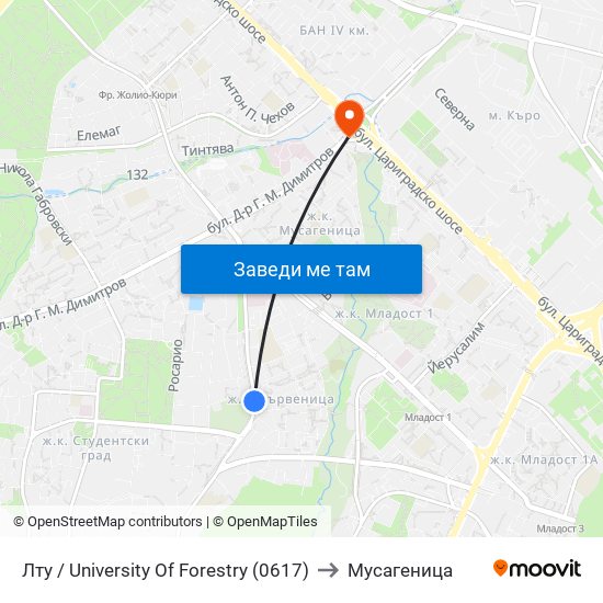 Лту / University Of Forestry (0617) to Мусагеница map