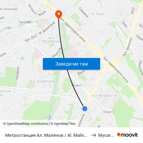 Метростанция Ал. Малинов / Al. Malinov Metro Station (0169) to Мусагеница map