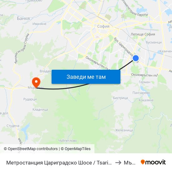Метростанция Цариградско Шосе / Tsarigradsko Shosse Metro Station (1016) to Мърчаево map