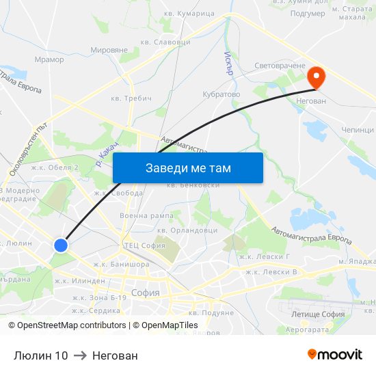 Люлин 10 to Негован map