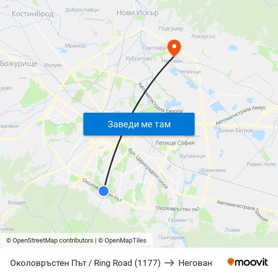 Околовръстен Път / Ring Road (1177) to Негован map