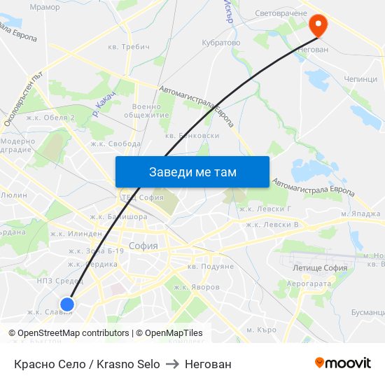 Красно Село / Krasno Selo to Негован map