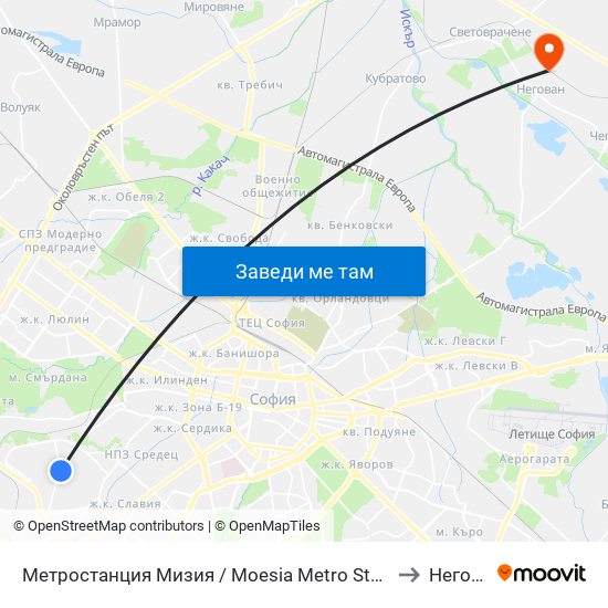 Метростанция Мизия / Moesia Metro Station (6089) to Негован map