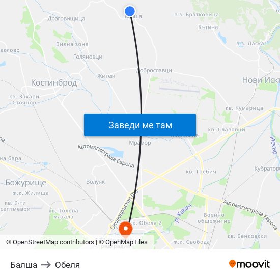 Балша to Обеля map