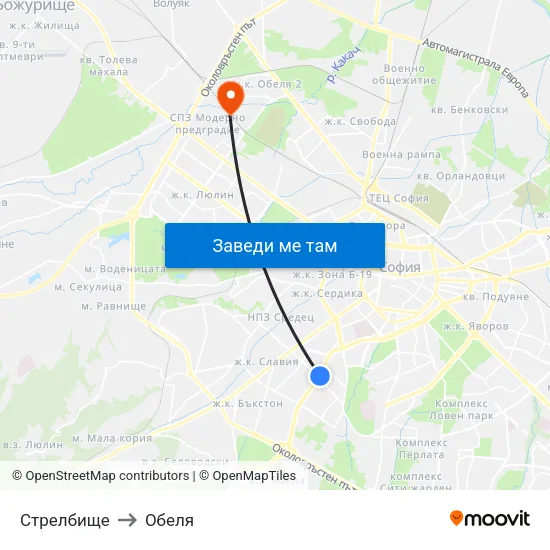 Стрелбище to Обеля map