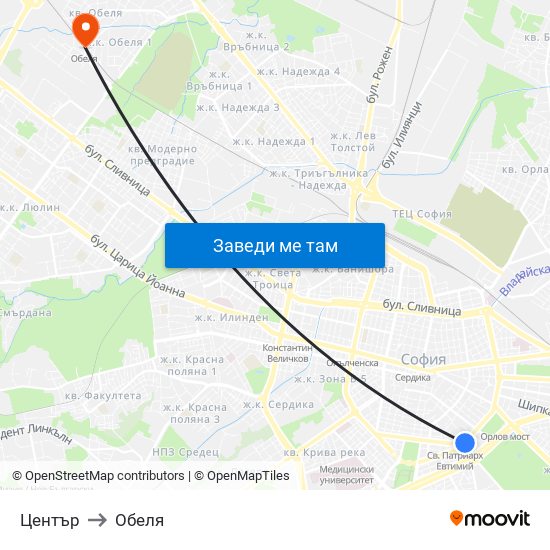 Център to Обеля map
