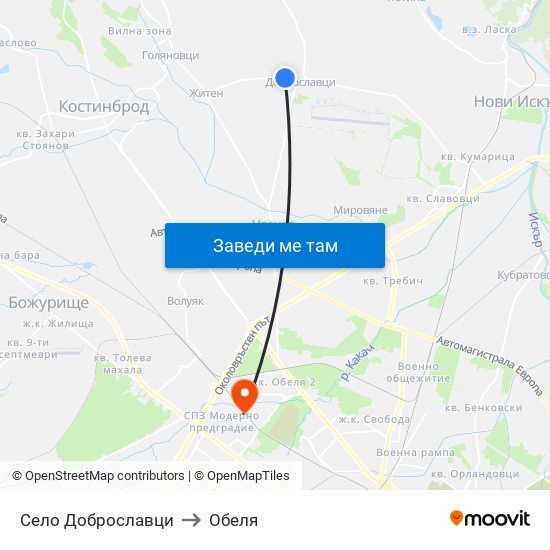 Село Доброславци to Обеля map
