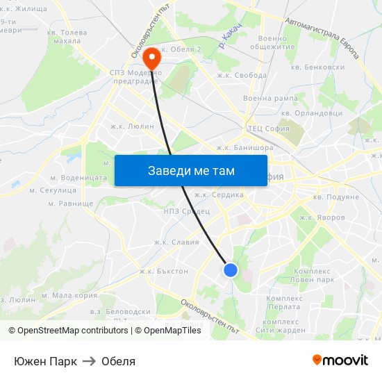 Южен Парк to Обеля map