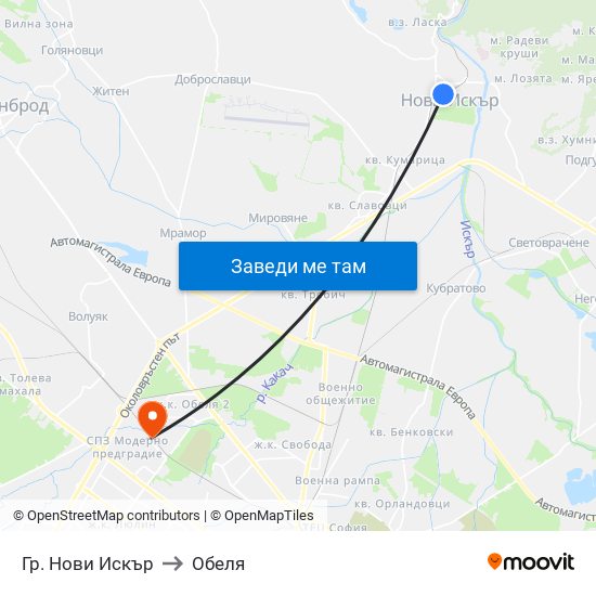 Гр. Нови Искър to Обеля map