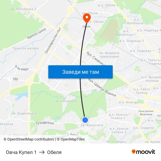 Овча Купел 1 to Обеля map