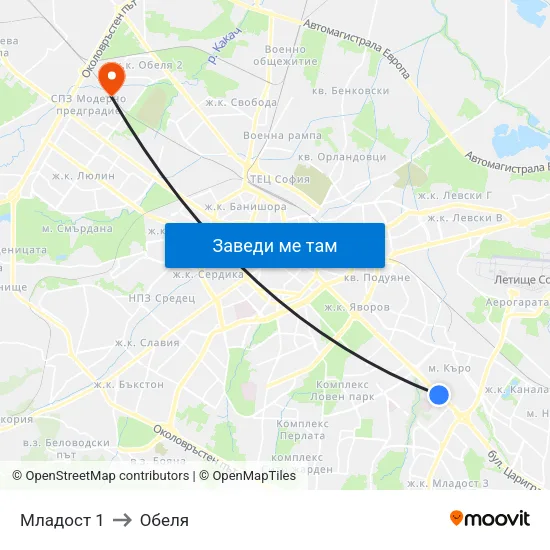Младост 1 to Обеля map