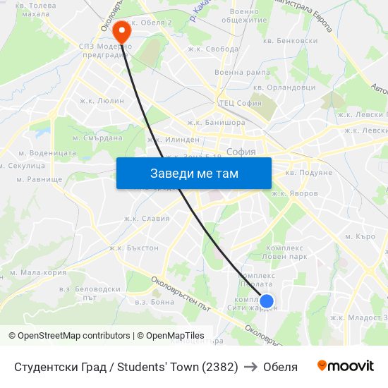 Студентски Град / Students' Town (2382) to Обеля map