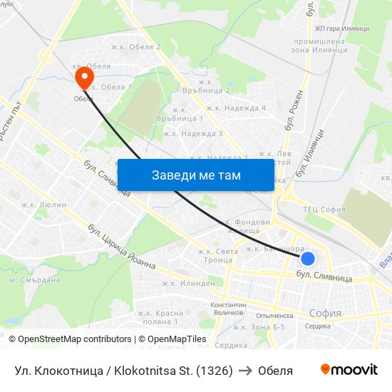 Ул. Клокотница / Klokotnitsa St. (1326) to Обеля map