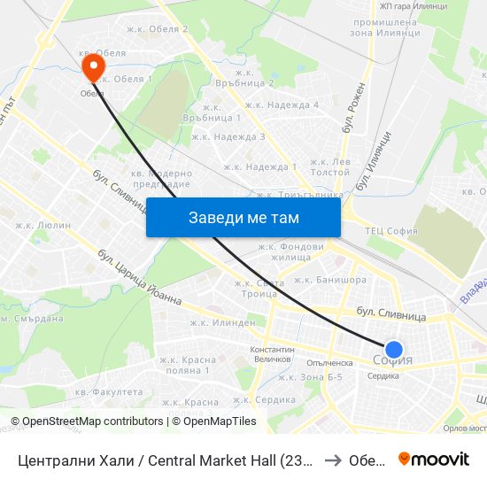 Централни Хали / Central Market Hall (2337) to Обеля map