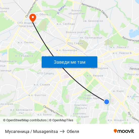 Мусагеница /  Musagenitsa to Обеля map