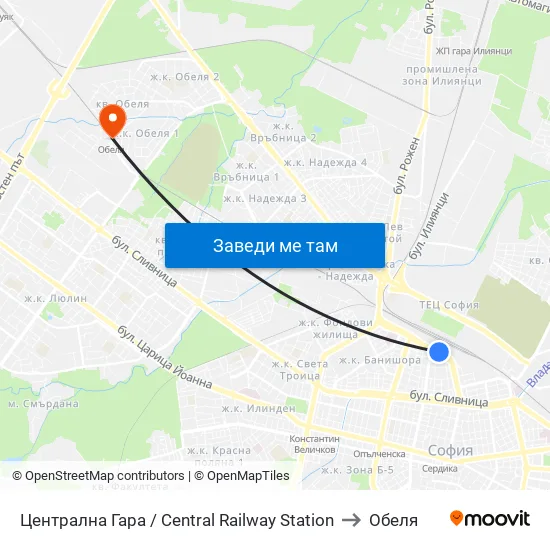 Централна Гара / Central Railway Station to Обеля map