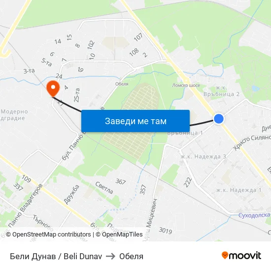 Бели Дунав / Beli Dunav to Обеля map