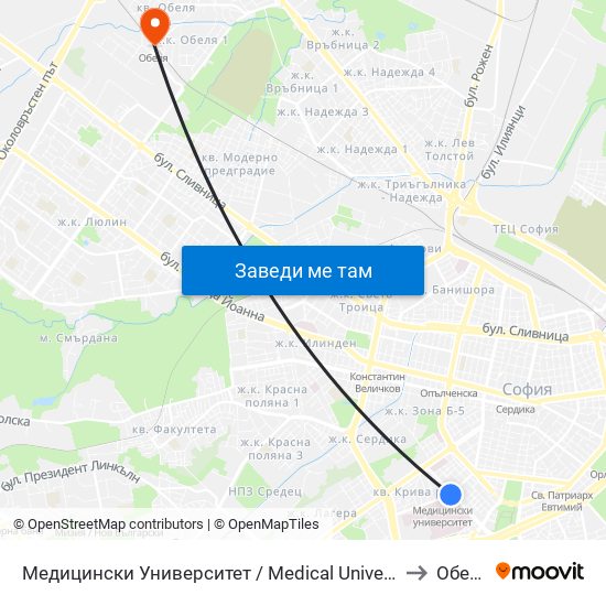 Медицински Университет / Medical University to Обеля map