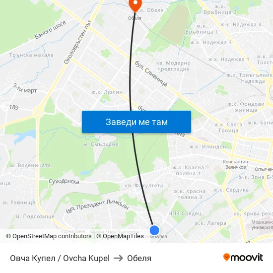Овча Купел / Ovcha Kupel to Обеля map