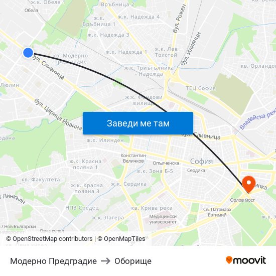 Модерно Предградие to Оборище map