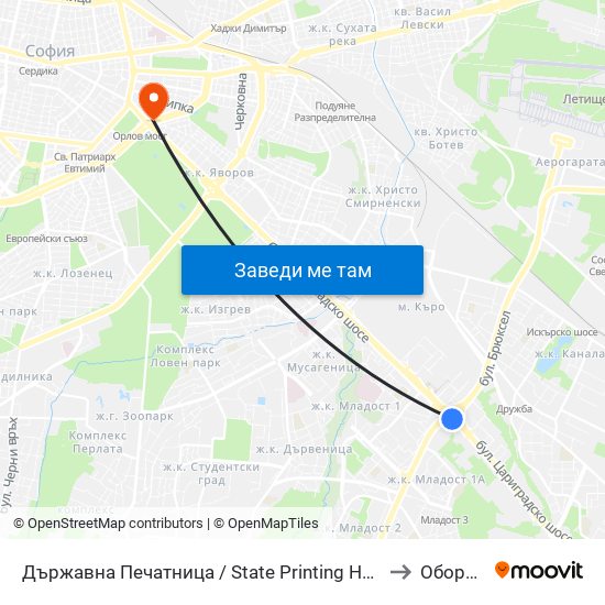Държавна Печатница / State Printing House (0554) to Оборище map