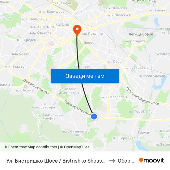 Ул. Бистришко Шосе / Bistrishko Shosse St. (0864) to Оборище map