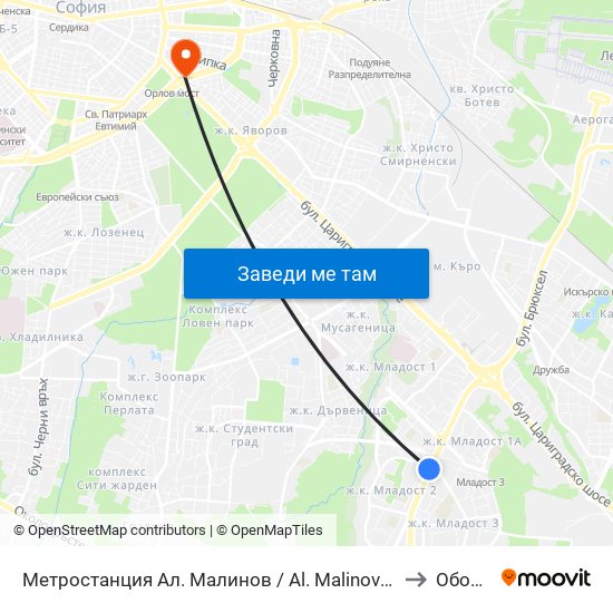 Метростанция Ал. Малинов / Al. Malinov Metro Station (0169) to Оборище map